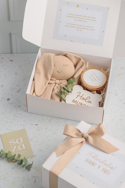 Box Bebé 02: Conejo de Apego & Letrero "Hola Mundo"