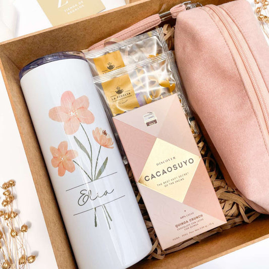 Set Chocolate & Neceser Gamuza con Termo de Flores Personalizado