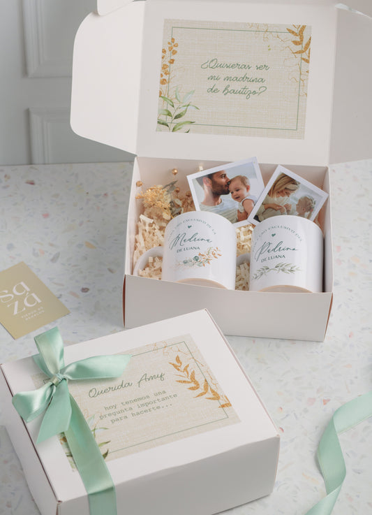 Set Madrina & Padrino: Caja Personalizada & Tazas Personalizadas